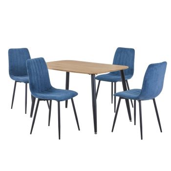 Aspen Light Oak Rectangular Table & 4 Blue Fabric Chair Set - MDF/Metal - L54 x W44 x H88 cm