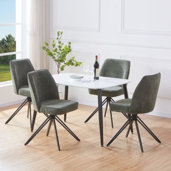 Aspen White Rectangular Table & 2 Green Swivel Dining Chairs - MDF/Metal/Fabric - L69 x W46 x H92 cm