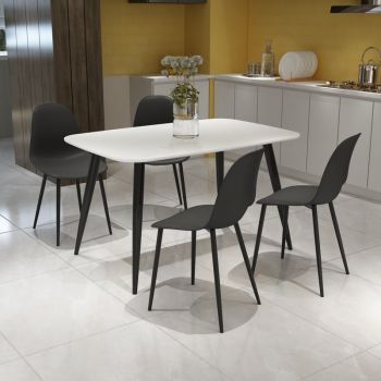 Aspen Tapered Legs Rectangular Dining Table and 4 Curve Plastic Seat Chairs with Metal Legs - White/Black - Flat Packed