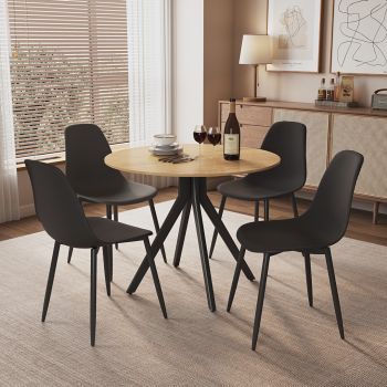 Aspen Light Oak Round Table & 4 Black Curve Chair Set - MDF/Metal/Plastic - L52 x W46 x H84 cm