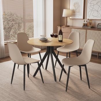 Aspen Light Oak Round Table & 4 Calico Curve Chair Set - MDF/Metal/Plastic - L52 x W46 x H84 cm
