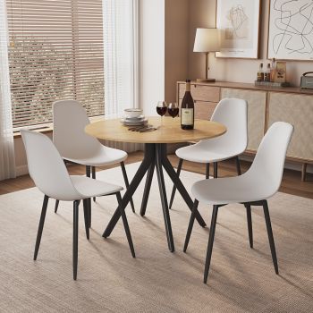 Aspen Light Oak Round Table & 4 White Curve Chair Set - MDF/Metal/Plastic - L52 x W46 x H84 cm