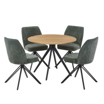 Aspen Light Oak Round Table & 4 Green Swivel Dining Chairs - MDF/Metal/Fabric - L69 x W46 x H92 cm