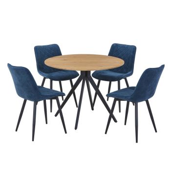Aspen Light Oak Round Table & 4 Blue Fabric Chair Set - MDF/Metal - L54 x W53.5 x H85.5 cm