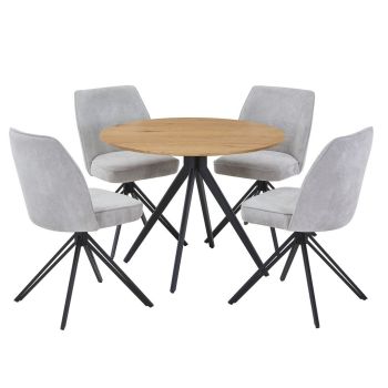 Aspen Light Oak Round Table & 4 Light Grey Swivel Dining Chairs - MDF/Metal/Fabric - L69 x W46 x H92 cm