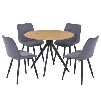 Aspen Light Oak Round Table & 4 Grey Fabric Chair Set - MDF/Metal - L54 x W53.5 x H85.5 cm