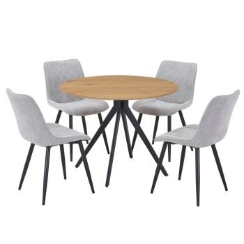 Aspen Light Oak Round Table & 4 Light Grey Cord Fabric Chair Set - MDF/Metal - L54 x W53.5 x H85.5 cm
