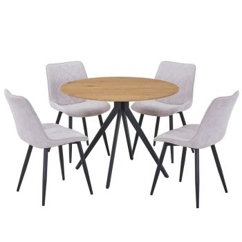 Aspen Light Oak Round Table & 4 Natural Fabric Chair Set - MDF/Metal - L54 x W53.5 x H85.5 cm