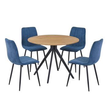Aspen Light Oak Round Table & 4 Blue Fabric Chair Set - MDF/Metal - L54 x W44 x H88 cm