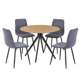 Aspen Light Oak Round Table & 4 Grey Fabric Chair Set - MDF/Metal - L54 x W53.5 x H88 cm