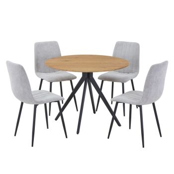 Aspen Light Oak Round Table & 4 Light Grey Cord Fabric Chair Set - MDF/Metal - L54 x W44 x H88 cm