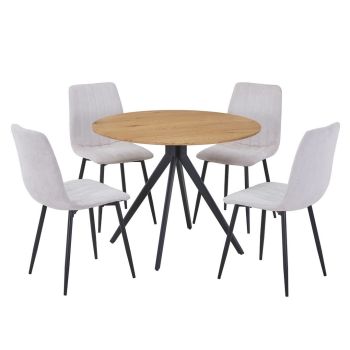 Aspen Light Oak Round Table & 4 Natural Fabric Chair Set - MDF/Metal - L54 x W53.5 x H88 cm
