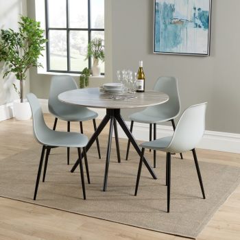Aspen Round Dining Table and 4 Curve Plastic Seats Chairs with Metal Legs - Grey Oak/Black - Flat Packed