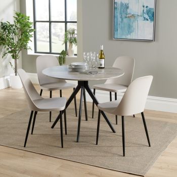 Aspen Round Dining Table and 4 Duo Plastic Seats Chairs with Metal Legs - Grey Oak/Calico/Black - Flat Packed