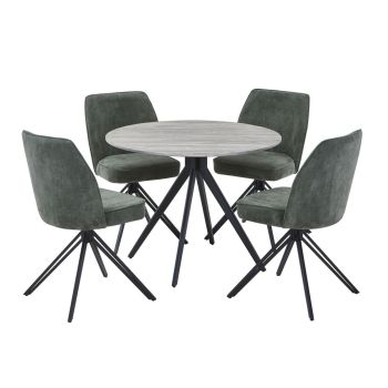 Aspen Grey Oak Round Table & 4 Green Swivel Dining Chairs - Upholstery Fabric - L69 x W46 x H92 cm