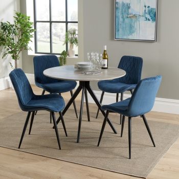 Aspen Round Dining Table with 4 Diamond Stitch Cord Fabric Dining Chairs - Grey Oak/Blue/Black - Flat Packed