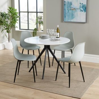 Aspen Round Dining Table and 4 Curve Plastic Seat Chairs with Metal Legs - Grey/Black/White - Flat Packed