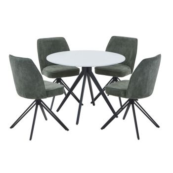 Aspen White Round Table & 4 Green Swivel Dining Chairs - Upholstery Fabric - L69 x W46 x H92 cm