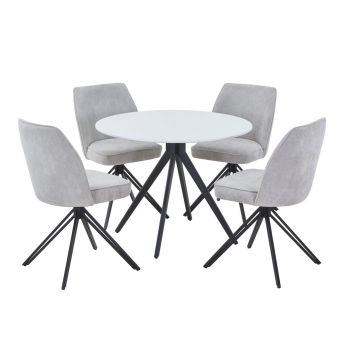 Aspen White Round Table & 4 Light Grey Swivel Dining Chairs - Upholstery Fabric - L69 x W46 x H92 cm