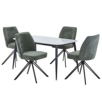 Aspen Gloss White Sintered Stone Rectangular Table & 4 Green Swivel Dining Chairs - Metal/Fabric - L69 x W46 x H92 cm