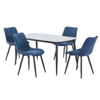 Aspen Gloss White Sintered Stone Rectangular Table & 4 Blue Cord Fabric Chair Set - Metal - L54 x W53.5 x H85.5 cm