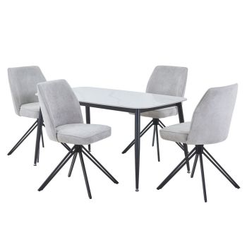 Aspen Gloss White Sintered Stone Rectangular Table & 4 Light Grey Swivel Dining Chairs - Metal/Fabric - L69 x W46 x H92 cm