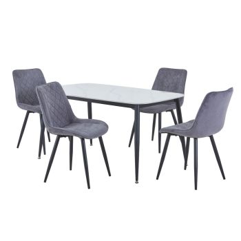 Aspen Gloss White Sintered Stone Rectangular Table & 4 Grey Fabric Chair Set - Metal - L54 x W53.5 x H85.5 cm