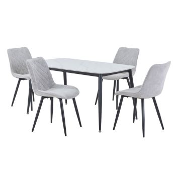 Aspen Gloss White Sintered Stone Rectangular Table & 4 Light Grey Cord Fabric Chair Set - Metal - L54 x W53.5 x H85.5 cm