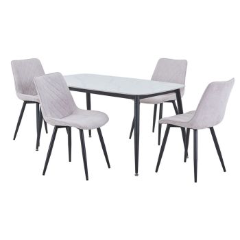 Aspen Gloss White Sintered Stone Rectangular Table & 4 Natural Fabric Chair Set - Metal - L54 x W53.5 x H85.5 cm