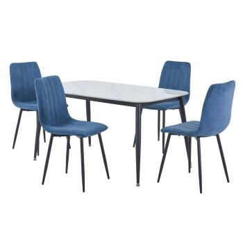 Aspen Gloss White Sintered Stone Rectangular Table & 4 Blue Cord Fabric Chair Set - Metal - L54 x W44 x H88 cm