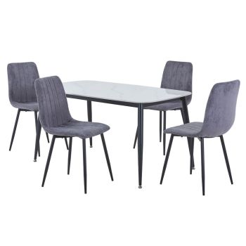 Aspen Gloss White Sintered Stone Rectangular Table & 4 Grey Fabric Chair Set - Metal - L54 x W53.5 x H88 cm