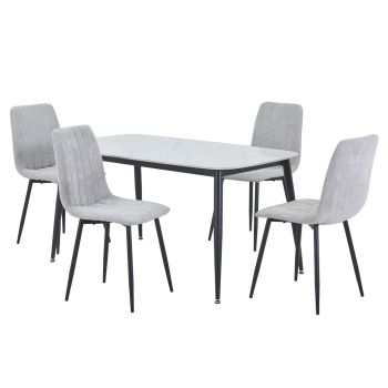 Aspen Gloss White Sintered Stone Rectangular Table & 4 Light Grey Cord Fabric Chair Set - Metal - L54 x W44 x H88 cm