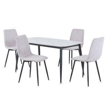 Aspen Gloss White Sintered Stone Rectangular Table & 4 Natural Fabric Chair Set - Metal - L54 x W53.5 x H88 cm