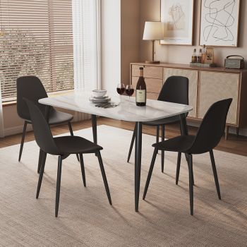 Aspen Gloss White Sintered Stone Rectangular Table & 4 Black Curve Chair Set - Metal/Plastic - L52 x W46 x H84 cm