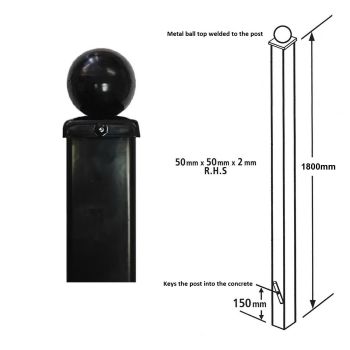 Square Ball Top Concrete-In Blank Post, Any Low Gates - Solid Steel - L50 x W50 x H1800 mm - Electro Galv./Black Powder Coated