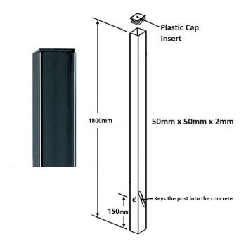 Square Flat Top Concrete-In Blank Post, Any Low Gates - Solid Steel - L50 x W50 x H1800 mm - Electro Galv./Black Powder Coated