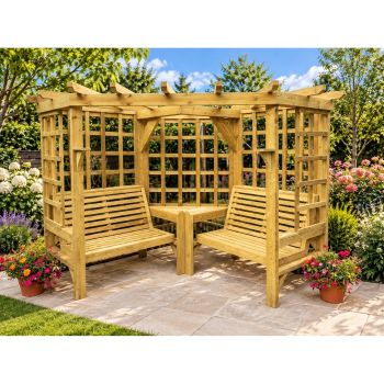Homestead 4 Seater Wooden Corner Garden Arbour with 2 Benches, Coffee Table and Waterproof Cushions - L150 x W290 x H205 cm