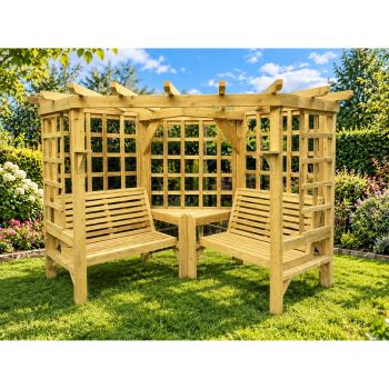 Homestead 4 Seater Wooden Corner Pergola Arbour with 2 Benches and Coffee Table - L150 x W290 x H205 cm - Min. Assembly Required
