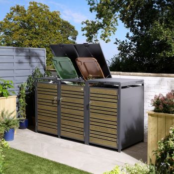 Chelsea Triple Bin Store with Assembly - Steel - L81 x W200.5 x H116.5 cm - Oak - Powder-coated