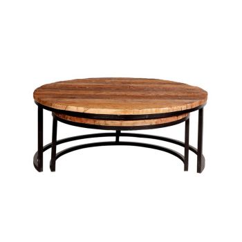 Round Railway Sleeper Set of 2 Coffee Tables - Metal - L90 x W90 x H40 cm
