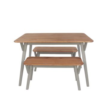 140 Cm Kitchen Table with 2 Bench Set - Pine - L80 x W140 x H75 cm - Grey - Flat Packed