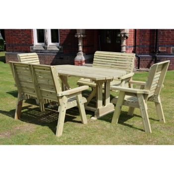 Ergo Table Set - Sits 6, Wooden Garden Dining Furniture Including A Stylish Table, 2 Benches & 2 Chairs - L250 x W290 x H105 cm - Minimal Assembly Required