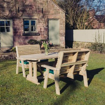Ergo Table Bench Set - Sits 4, Wooden Alfresco Garden Dining Furniture Set - L250 x W180 x H103 cm - Min. Assembly Required - Set of Waterproof Cushions Included