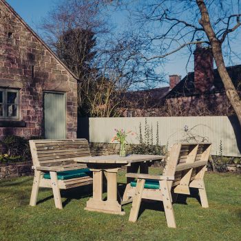 Ergo Table Bench Set - Sits 6, Wooden Garden Dining Furniture - L250 x W290 x H103 cm - Minimal Assembly Required - Set of Waterproof Cushions Included