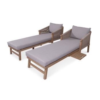 Roma Sun Lounger with Pullout Side Tray & Beige Coloured Back and Seat Cushion - Acacia Hardwood - L68 x W194 x H69 cm