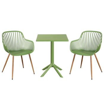 3 Piece Bistro Garden Set with 2 Sunray Armchairs and Square Table - Plastic/Metal - L52 X W58 X H86 cm - Moss Green - Flat Packed