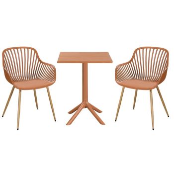 3 Piece Bistro Garden Set with 2 Sunray Armchairs and Square Table - Plastic/Metal - L52 X W58 X H86 cm - Terracotta - Flat Packed