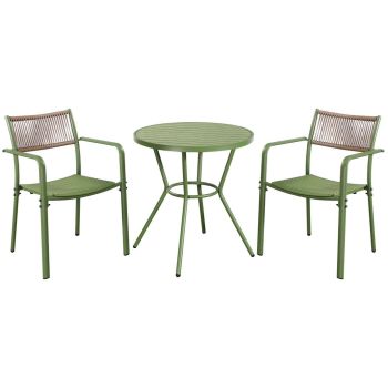 3 Piece Bistro Garden Set with 2 Rope Back Armchairs and Round Table - Plastic/Metal - L56 X W54 X H80 cm - Moss Green - Flat Packed