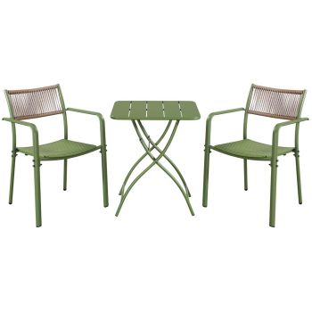 3 Piece Bistro Garden Set with 2 Rope Back Armchairs and Square Folding Table - Plastic/Metal - L56 X W54 X H80 cm - Moss Green - Flat Packed
