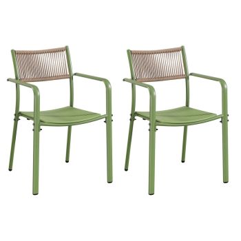 Pair of Rope Effect Backed Bistro Arm Chair - Metal/Plastic - L56 x W54 x H80 cm - Moss Green - Flat Packed